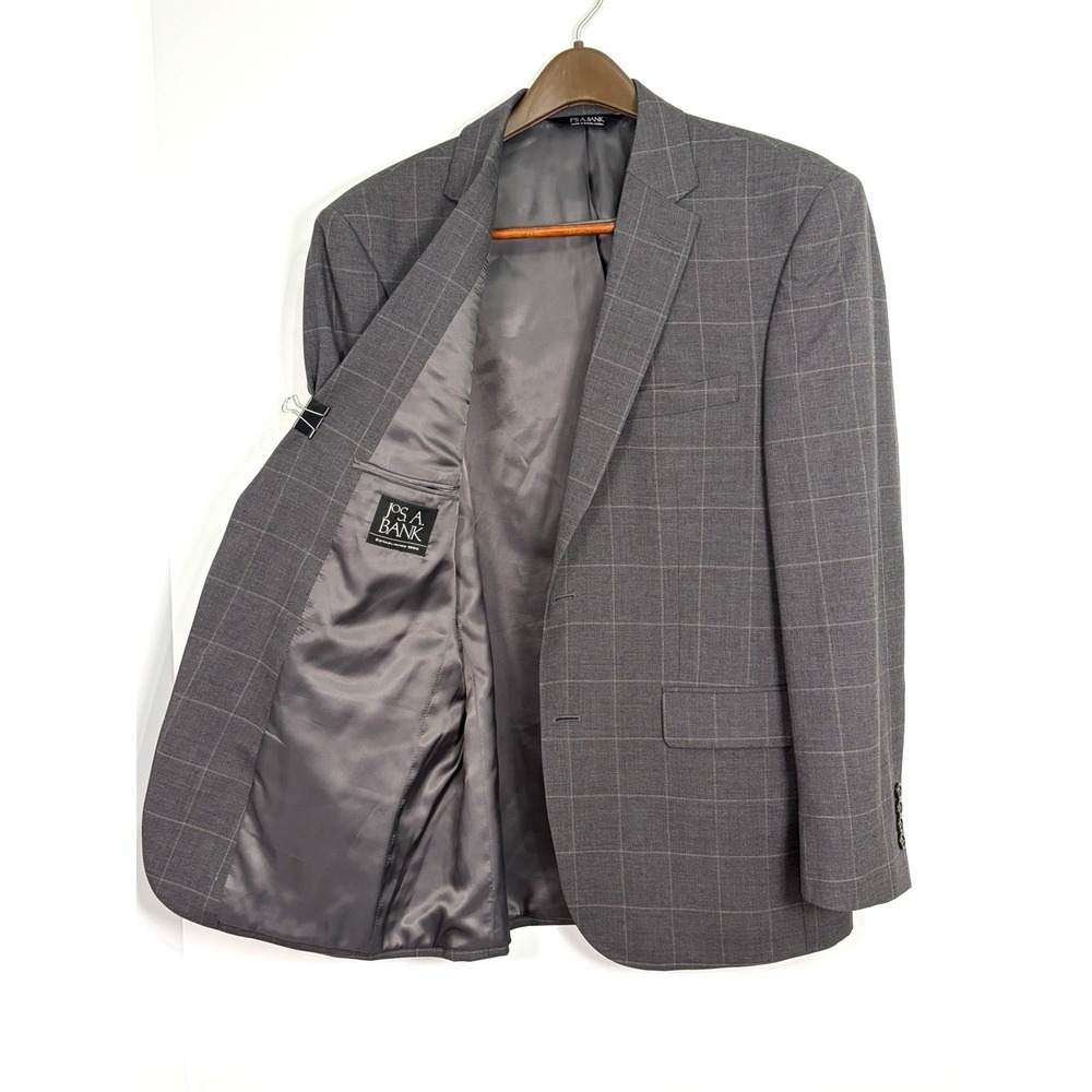 Joseph JOS A BANK Suit 41R Pants 35W Gray Window Pane Regular Fit 100% Wool